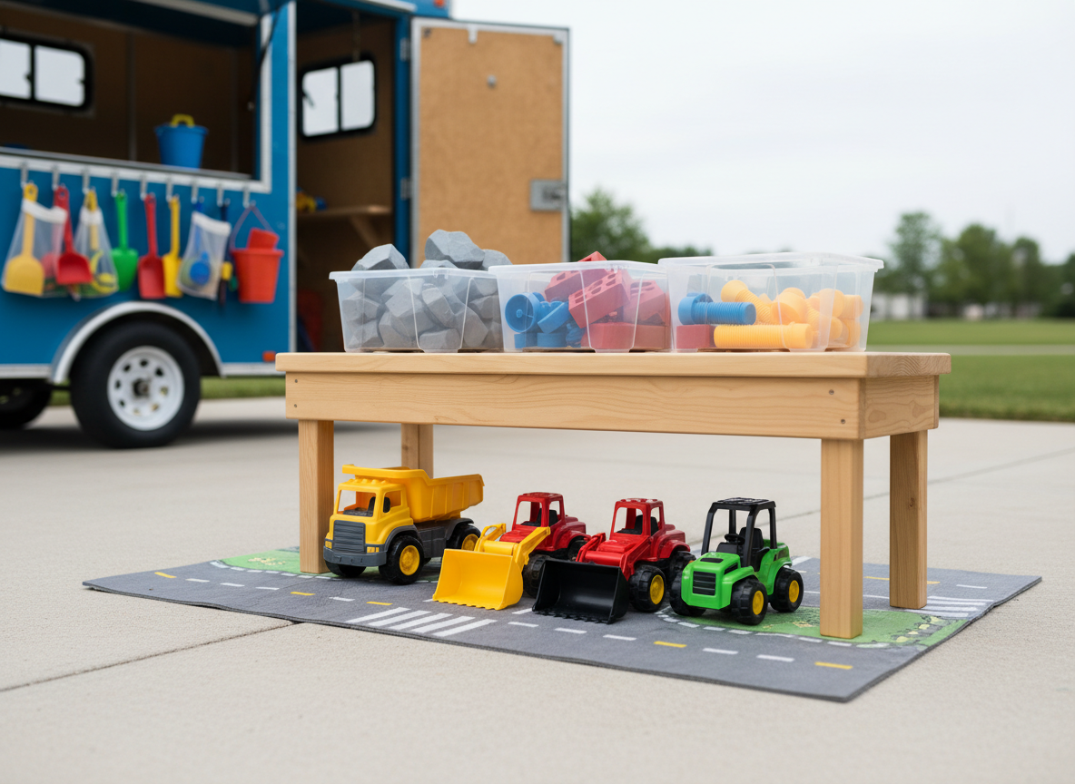 A detailed, photographic scene focused on a miniature hauling station in a driveway construction play setup. A low, kid-height workbench made of smooth, light-colored wood holds organized bins of chunky plastic rocks, faux bricks, and oversized bolts. At its base, rugged toy dump trucks, front loaders, and mini forklifts line up on a rubber roadway mat printed with simple lane markings. The mobile play trailer is partially visible in the background, its open door framing more tools and sand-play accessories. Soft, bright daylight from an overcast sky creates even, shadow-free lighting, accentuating the colors and textures without harsh contrast. Shot from a low, childlike perspective with a gentle depth of field, the image feels immersive, playful, and tidy, conveying hands-on hauling and building fun ready to roll up to any family’s driveway.