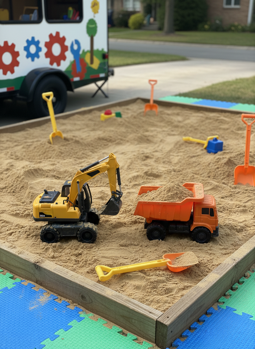 A close-up, photographic view of a spacious sand pit set up beside a mobile play trailer, filled with smooth, golden sand sculpted into small mounds and trenches. Child-sized excavator toys with realistic moving arms, tiny dump trucks with working beds, and sturdy plastic shovels rest mid-action, their bright yellow and orange bodies lightly dusted with sand. The pit is framed by low wooden beams and soft rubber mats. Diffused afternoon daylight creates even lighting, revealing textures in the sand and plastic, with gentle shadows for depth. Shot from a slightly elevated angle using shallow depth of field, the tools are in crisp focus while the trailer and driveway behind blur softly. The atmosphere feels playful and hands-on, emphasizing tactile construction play delivered right to a home.
